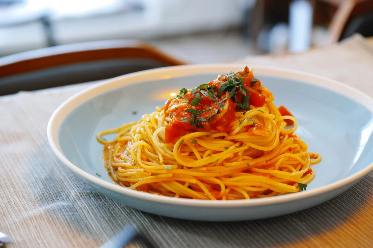 赤いソースをからめたパスタを盛った皿