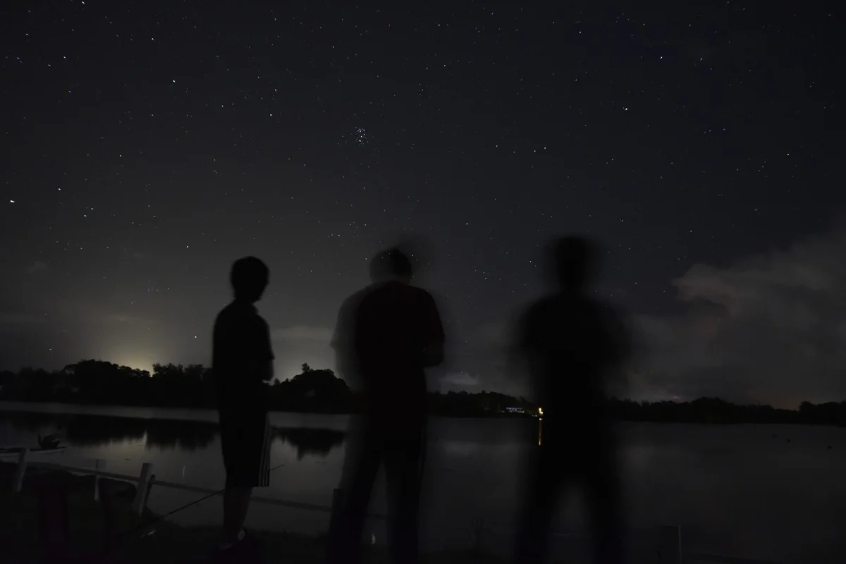 水辺の星空の下に並んで立つ人たちの後ろ姿